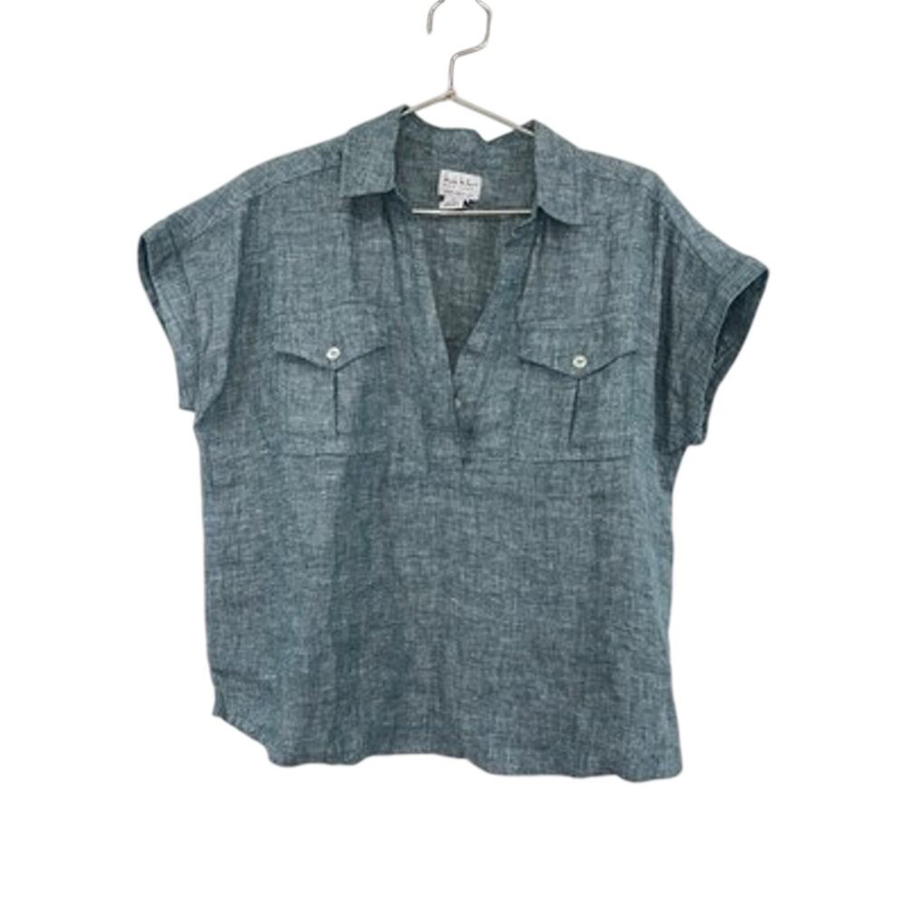 Nicole Miller New York Women Green Linen Short Sleeve Collared Pullover Blouse M
